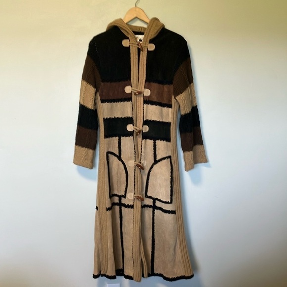 le soleil Jackets & Blazers - Le soleil vintage Colorblock maxi Long Knit Suede Patchwork Cardigan with Hood